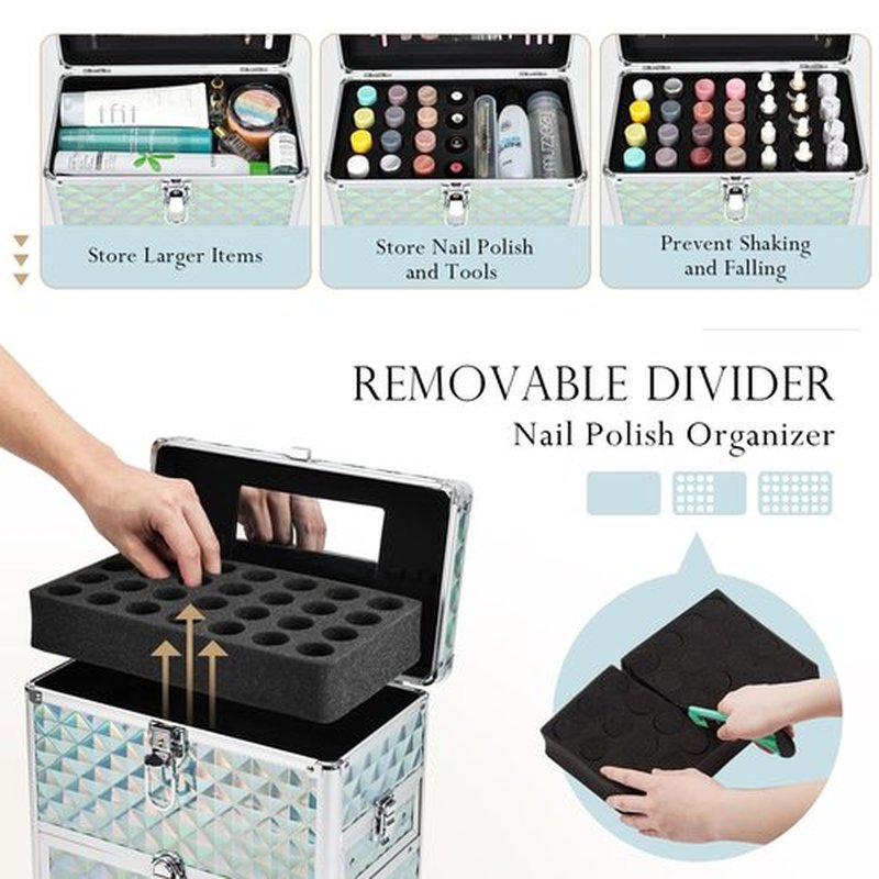 FRENESSA Extra Large Makeup Organizer Case Cosmetic Box Storage with Drawer Mirror Makeup Manicure Accessory Organizer With Dividers Travel Nail Art Case for Makeup Artist Nail Tech Case Watery Blue