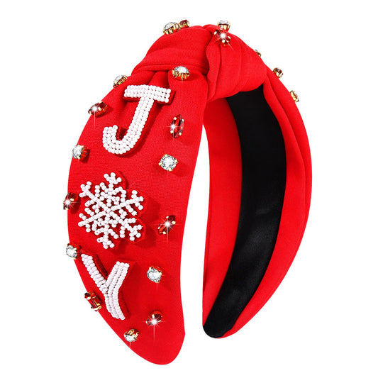 NVENF Joy Red Christmas Hairband for Women - Wide Top Knot Holiday Headband with Crystal Pearl Embellishments - Festive Hair Accessory for Holiday Outfits, Gifts, and Parties