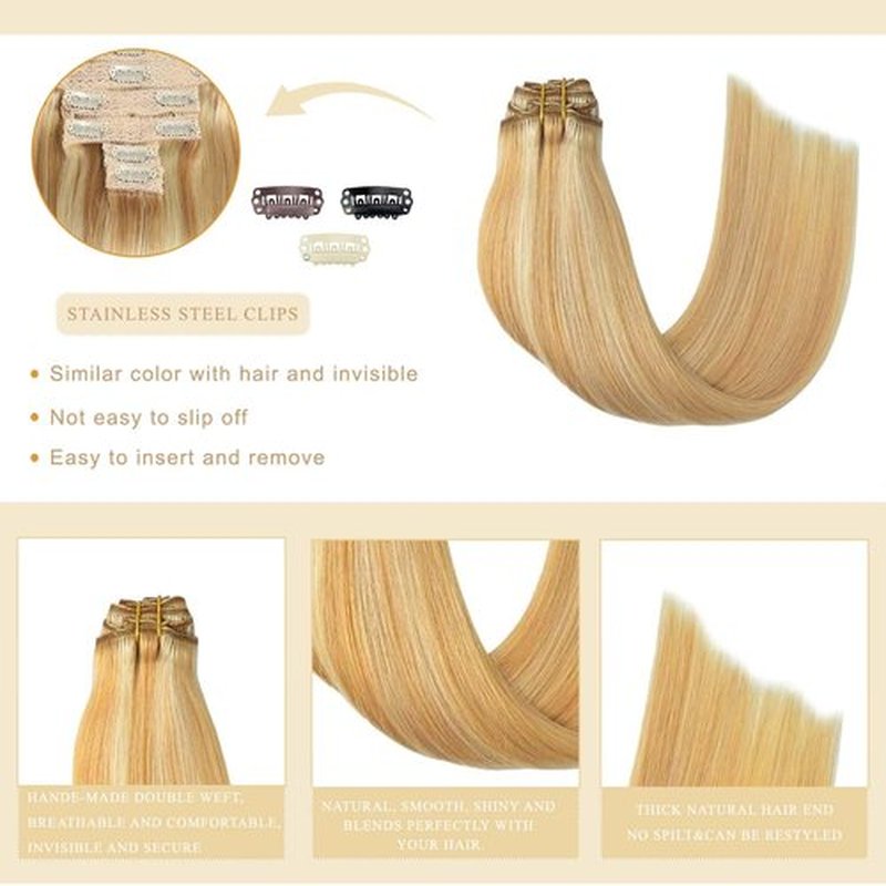 Clip in Hair Extensions,22 Inch Straight Hair Clip in Extensions Seamless Straight Hair Extensions Thick Long Synthetic Hairpieces For Women Natural Hair（Dark Blonde Highlighted Bleach Blonde）