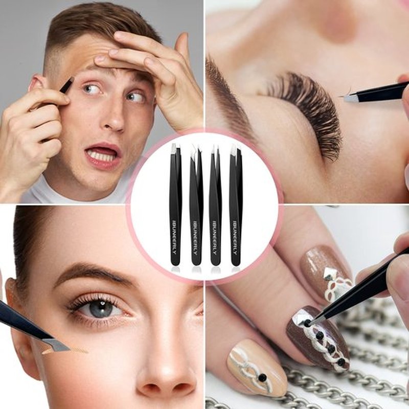 iBuneerly Tweezers Set, 4Pcs Tweezers for Women with Travel Case, Professional Stainless Steel Eyebrows Tweezers, Great Precision Tweezers for Ingrown Hair, Facial Hair, Splinter Removal (Black)