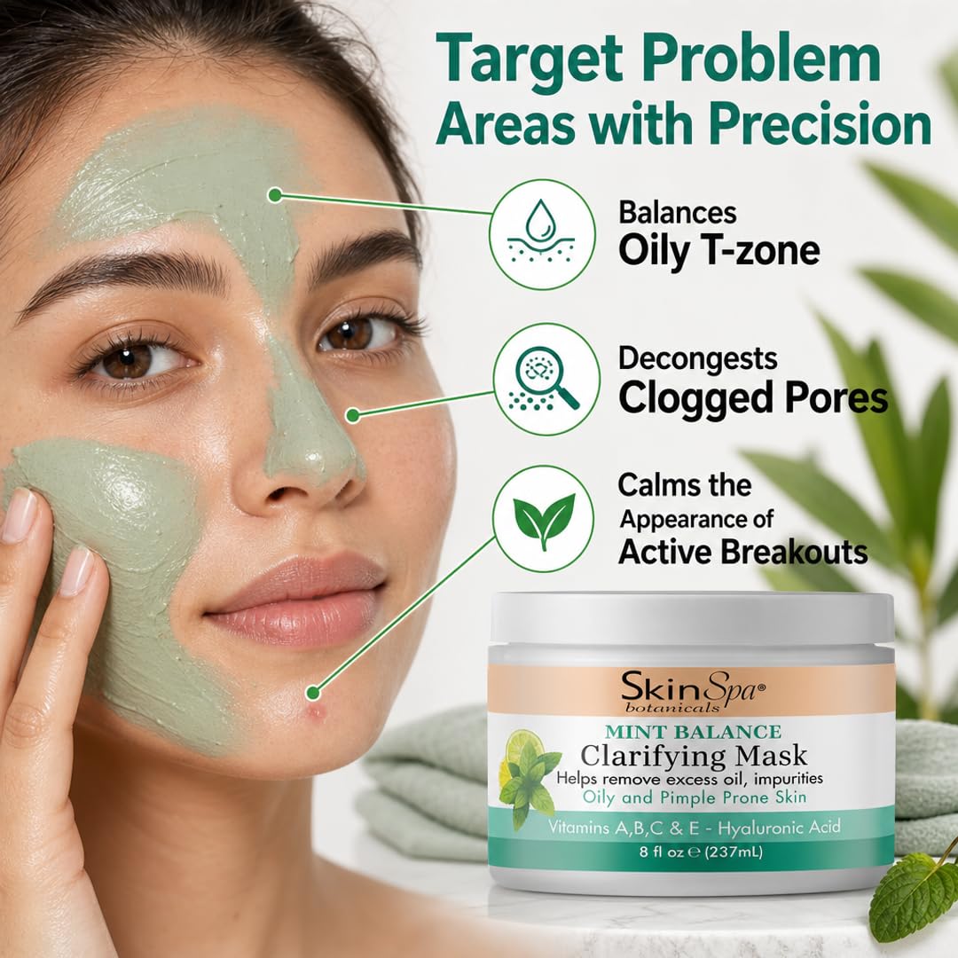 SkinSpa Face Mask - Acne Control Mint Julep Masque with Hyaluronic Acid, Vitamin B & E - Lock In Moisture, Cleanse & Refresh Oily, Pimple-Prone Skin - 8 oz