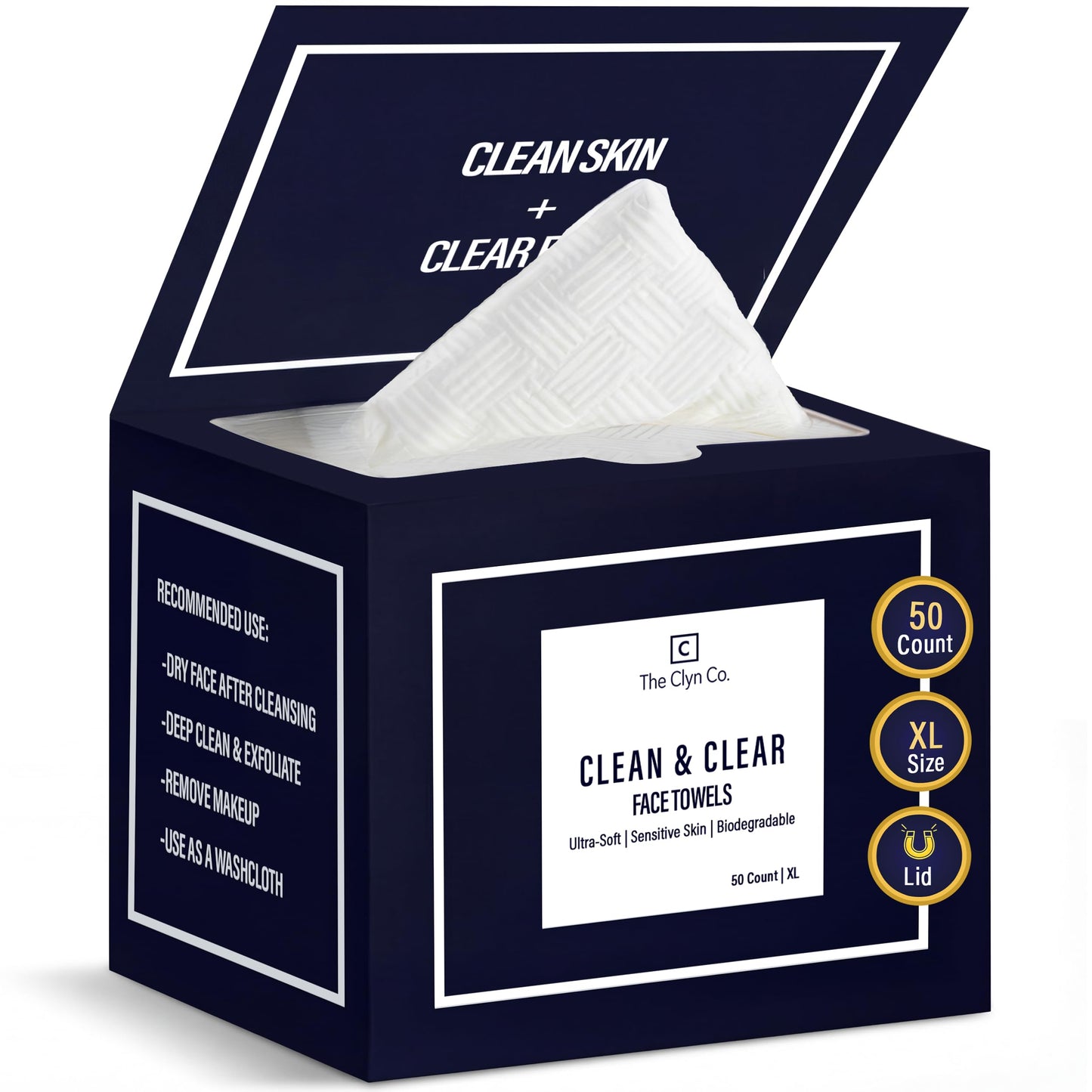 The Clyn Co. Clean & Clear Face Towels, Ultra Soft Disposable Facial Towels, 100% Biobased Viscose Face Wipes for Sensitive Skin, Lint-Free Makeup Remover, Luxury Magnetic-Lid Box, XL 10×12, 50 Count