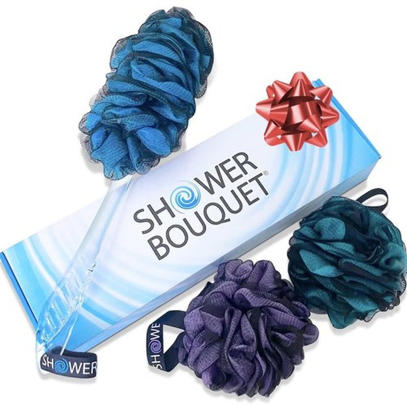 Loofah-Charcoal Back-Scrubber & Bath-Sponge Color-Set by-Shower-Bouquet: 1 Long-Handle-Back-Brush Plus 2 Extra Large 75g Soft Mesh Poufs, Men & Women - Exfoliating Cleanse with XL Luffa Lufas Loofahs