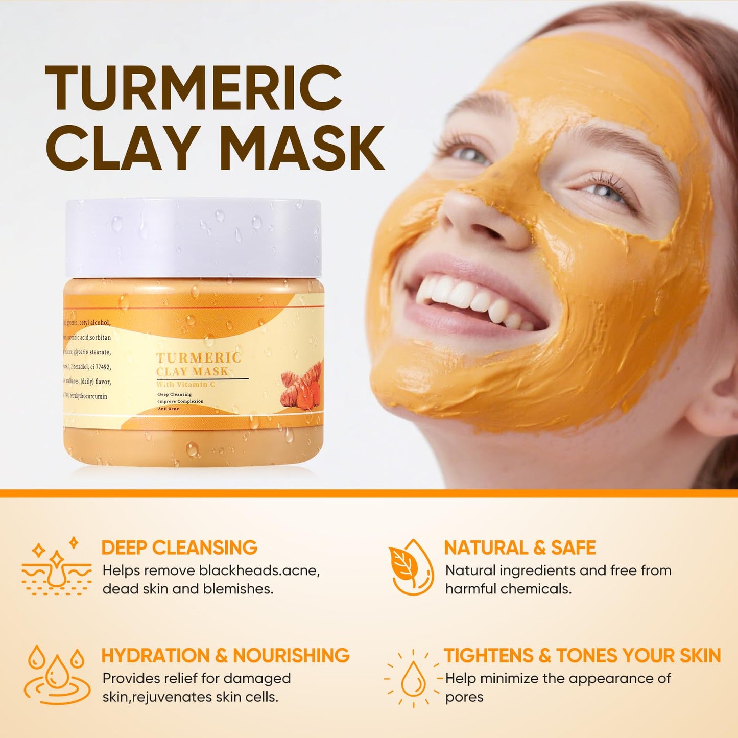OUPEICHARM Clay Face Mask Turmeric Vitamin C Clay Mask Deep Cleansing Face Mask Skin Care Improve Dull Skin, Skincare Facial Mask for Controlling Oil and Refining Pores