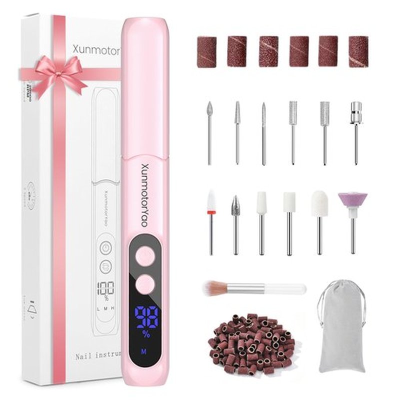 Electric Nail Drill Professional Electric Nail File Kit 11 in 1 Rechargeable Manicure Pedicure Tools Cordless Nail Drill with 3 Speeds Modes and LED Lighting for Acrylic Gel Dip Powder Nails(Pink)