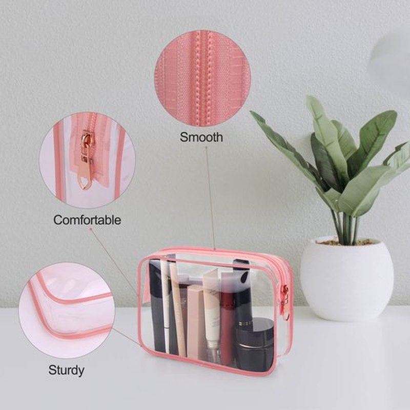 Wedama TSA Approved Toiletry Bag, Cosmetic Bags 2 Pack with Zipper Carry on Airline Airport Travel Accessories, PVC Makeup Bags for Travel, Quart Size Travel Bags for Men and Women-Pink