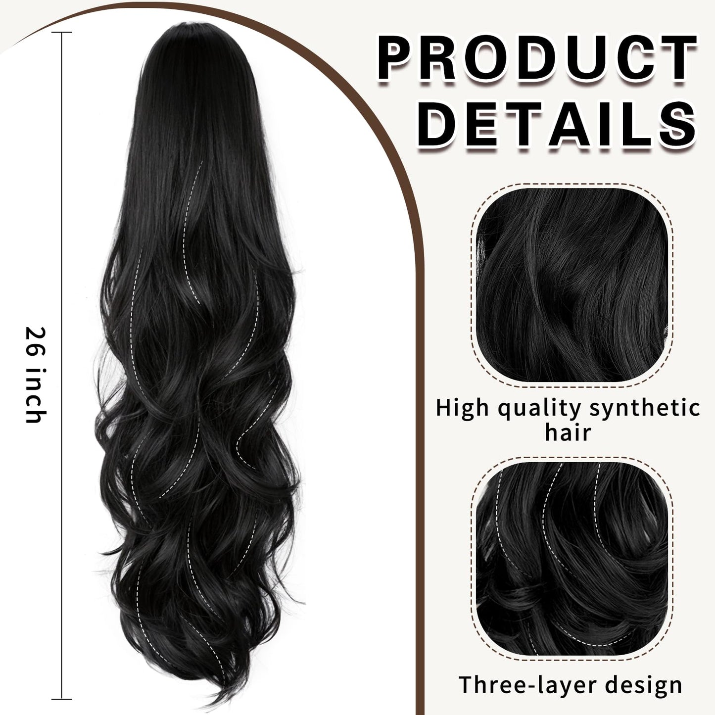 SHNMIN Ponytail Extension, Drawstring Ponytail Extension for Women 26inch Long Wavy Pony Tails Clip in Ponytail Hair Extensions Synthetic Layered Ponytail for Daily Use