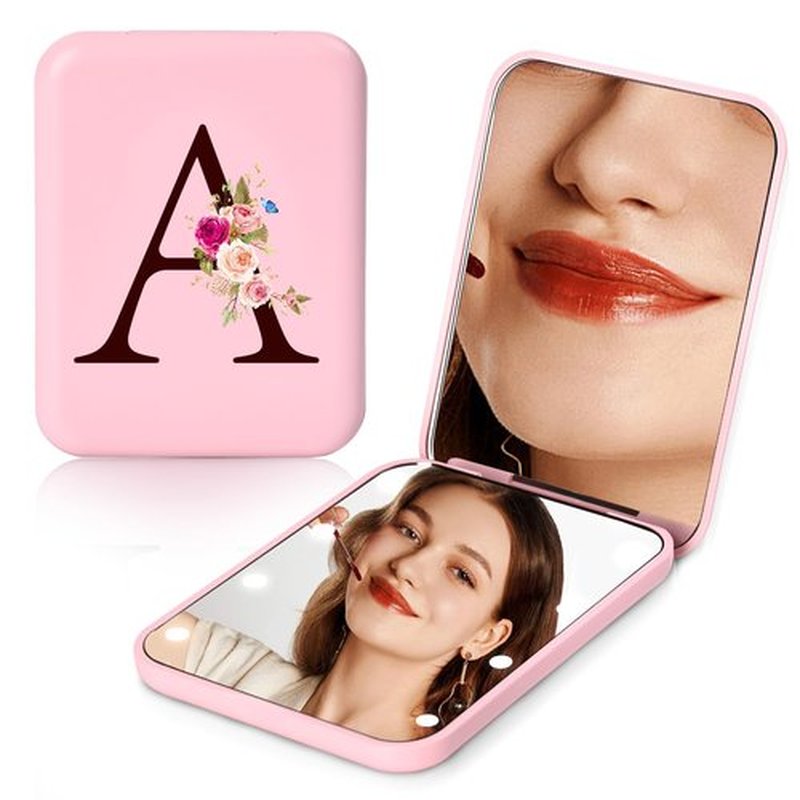 KEWWADB Travel Mirror with Lights, Initials Portable Compact Mirror, Travel Essentials, Suitable for Teen Girls, Young Women Gifts Ideas, Birthdays Gifts(Pink) (A)