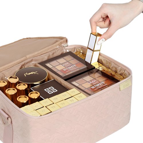 NISHEL Extra Large Double Layer Travel Makeup Bag Women, Cosmetic Organizer Case, Travel Essentials Accessories with Shoulder Strap for Bottles, Brushes, Conditioner, Skin Care Products, Pink