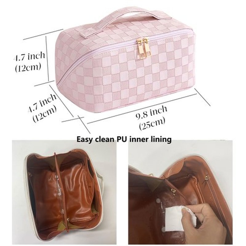 MINGRI Large Capacity Travel Cosmetic Bag for Women,Portable PU Leather Checkered Makeup Bag Water Resistant,Flat Open Multifunctional Storage Toiletry Bag with Divider and Handle (Pink)