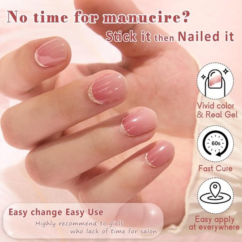GelMala Gel Nail Strips Semi Cured Reverse French Tip, Glossy Gel Nail Stickers Pink, Long Lasting, Easy to Apply & Remove -Gel Nail Strips for Nails Manicure Nail Wraps，Easy for begginners (Lady Q)