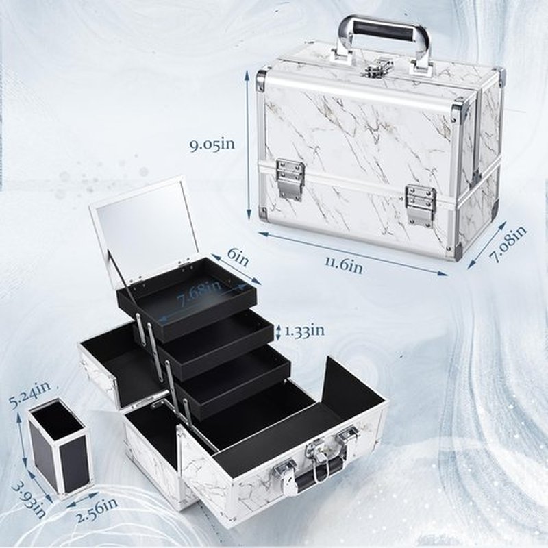 Joligrace 11.6 inch Makeup Box Train Case Cosmetic Organizer with Mirror 3-Tier Tackle Tray Lockable Portable Travel Carrying Make-up Storage Box with Handle - Marble White
