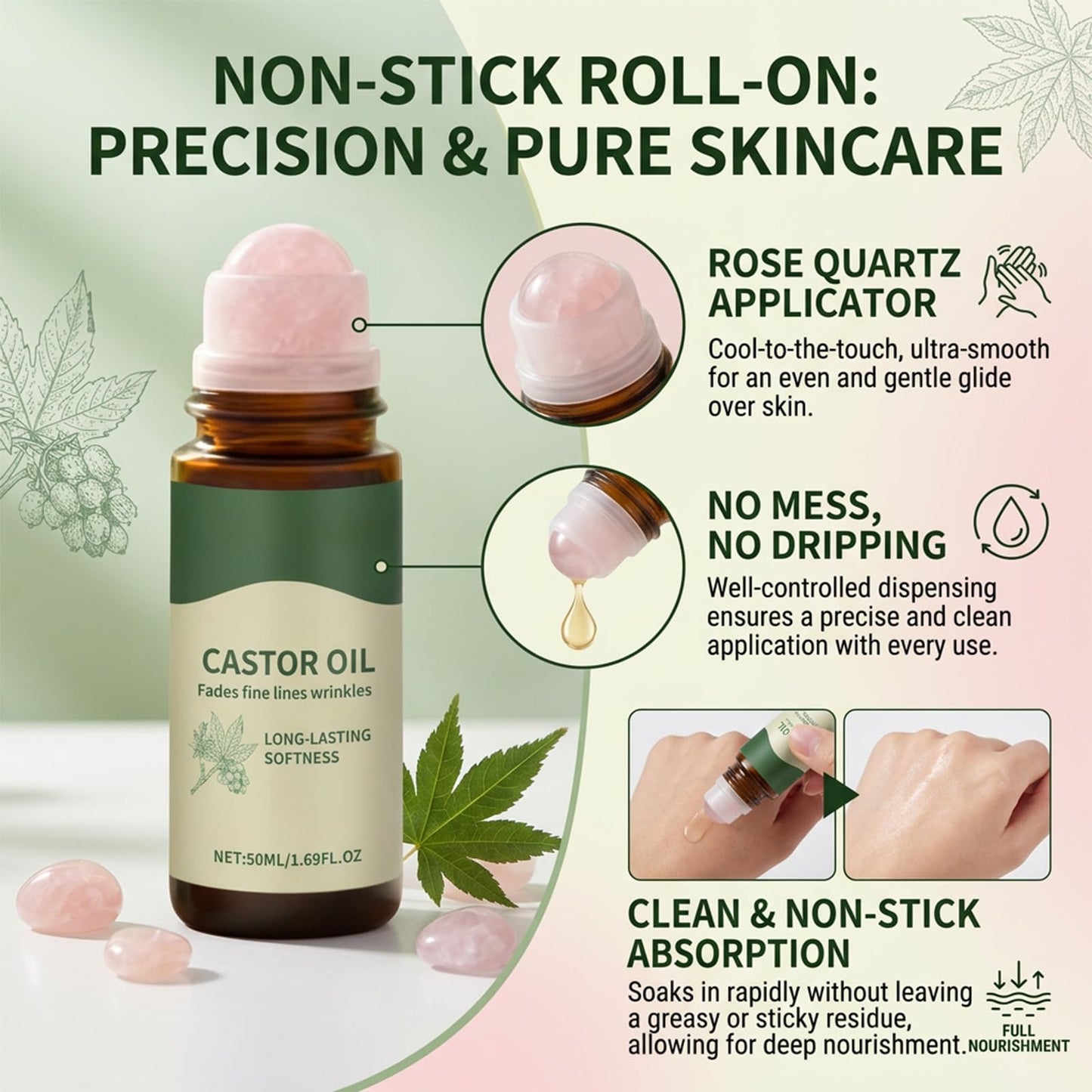 Vexivo Organic Castor Oil Roll-On, Cold-Pressed Pure Beauty Oil, Mess-Free Formula for Skin, Brows, Lashes & Body Care, 1.7Floz 50ml in Amber Glass Bottle (1 Pcs)