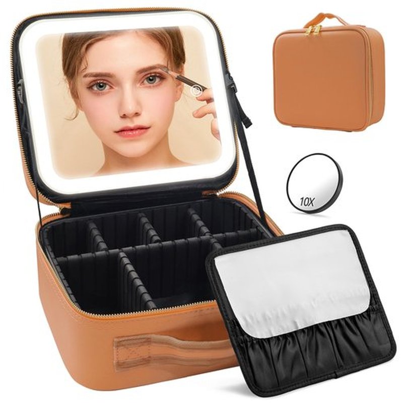 Jadazror Makeup Case, Lighted Mirror, Travel, Waterproof, Brown