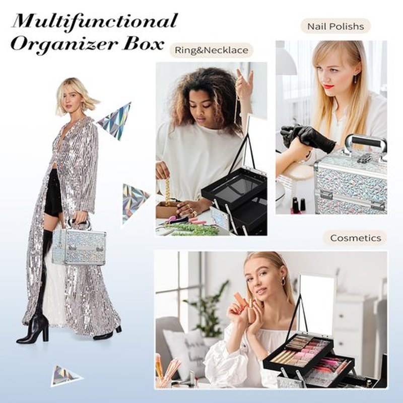 FRENESSA Makeup Train Case Cosmetic Organizer Case Portable Makeup Box with Mirror 2 Trays Lockable Make up Travel Storage Case for Makeup Artist, Nail Kits, Makeup Tools Makeup Case Chic Silver