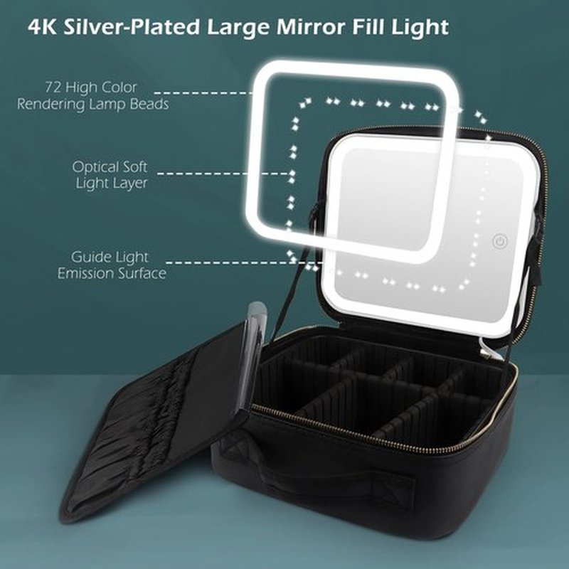 MOMIRA Makeup Bag with Mirror and Light Travel Makeup Train Case Cosmetic Organizer Portable Artist Storage Bag with Adjustable Dividers Makeup Brushes Storage Organizer Black