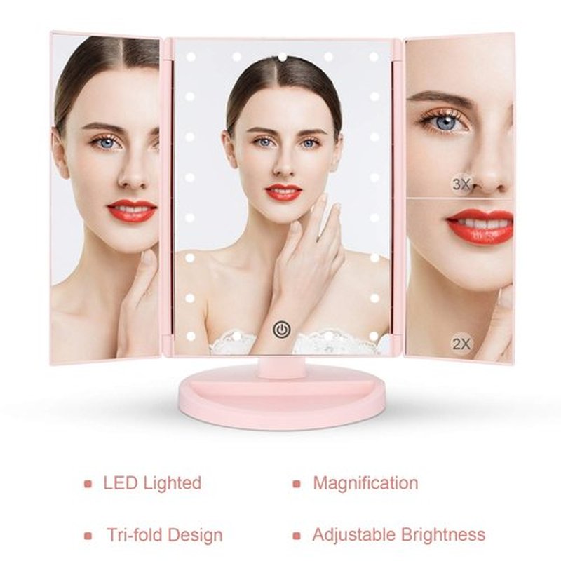 deweisn Tabletop Mount Tri-Fold Lighted Vanity Mirror with 21 LED Lights, Touch Screen and 3X/2X/1X Magnification, Two Power Supply Modes Make Up Mirror,Travel Mirror