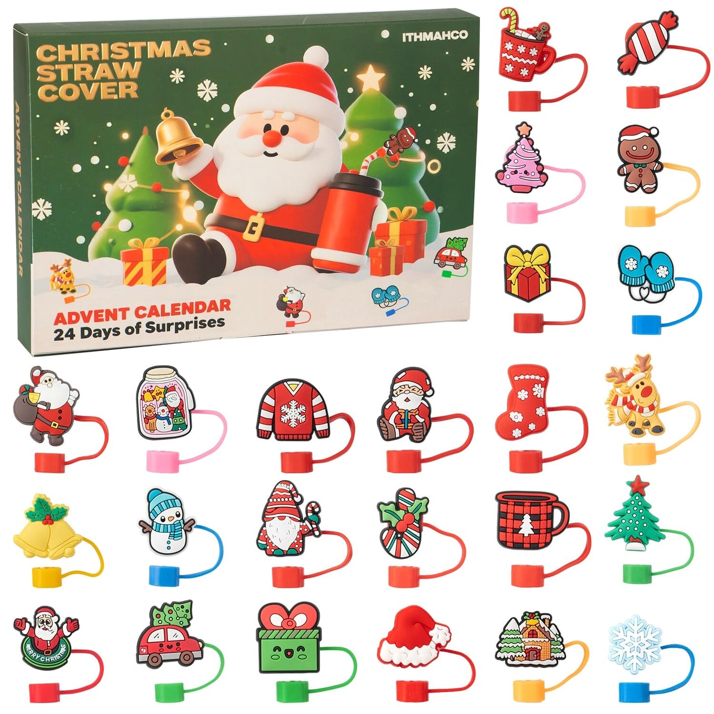 Straw Cover Advent Calendar 2025, Christmas Advent Calendar 2025, 24 Days of Surprises Gifts with 10mm Christmas Theme Straw Topper Caps for Cup 30Oz 40Oz Tumbler Adult Women Kids Teen Girls Boys