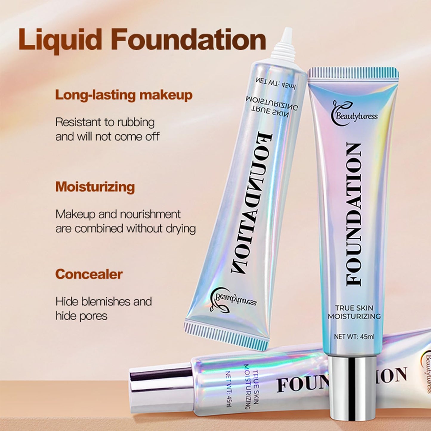Hydrating Foundation Liquid 45ml - Natural Skin Finish, Buildable & Long Lasting Makeup with Hyaluronic Acid & Niacinamide - Includes Foundation Brush & Blender Sponge (NO2)