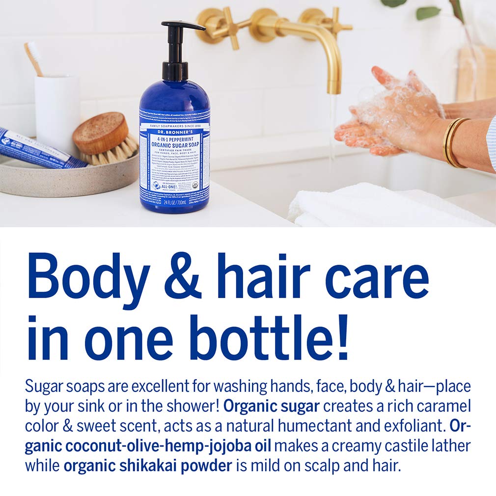 Dr. Bronner's Organic Sugar Soap (Baby Unscented, 24 Ounce) - Made with Regenerative Certified Organic Oils, Sugar & Shikakai Powder, 4-in-1 Use: Hands, Body, Face and Hair- Liquid Soap, Nourishes