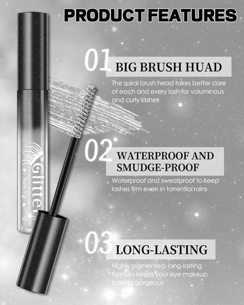 White Glitter Mascara, Sparkle Diamond Colored Mascara, Multi-Use Shimmer Waterproof Mascara, Define Long Lasting Curling Eyelashes, Voluminous Lengthening Mascara Makeup for Women Party Festival-04