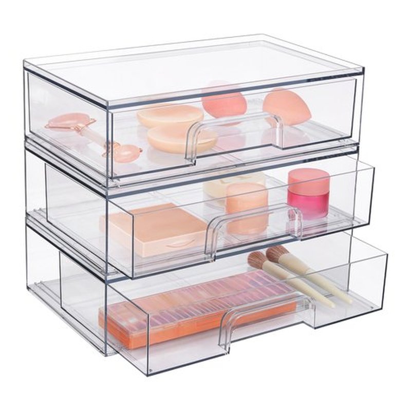 Vtopmart 12.1''W Clear Stackable Storage Drawers,3 Pack Acrylic Plastic Organizers Bins for Makeup Palettes, Cosmetics, and Beauty Supplies,Ideal for Vanity, Bathroom,Cabinet,Desk Organization