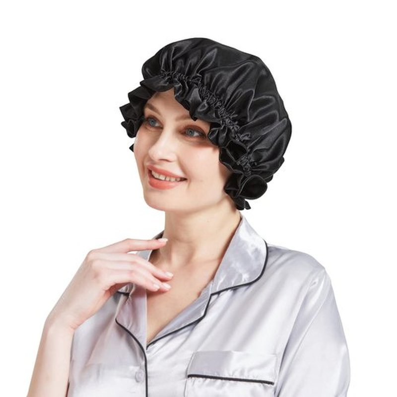 Silk Bonnet for Hair Care, Natural Silk Cap for Sleeping and Shower, Double-Lined, 6A-grade Mulberry Silk Turban Black
