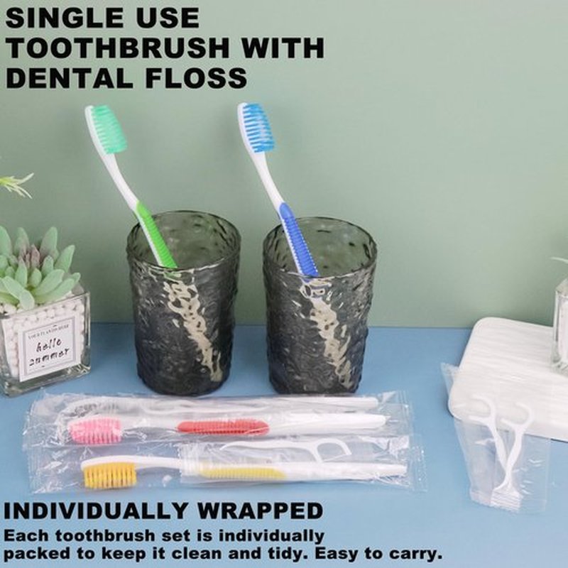 HAIFOTRVA 100Packs Disposable Toothbrushes with Floss,Single Use Individually Wrapped Disposable Travel Toothbrushes and Dental Floss Kit Bulk for Homeless,Airbnb,Dentist,Hotel(5 Colors)