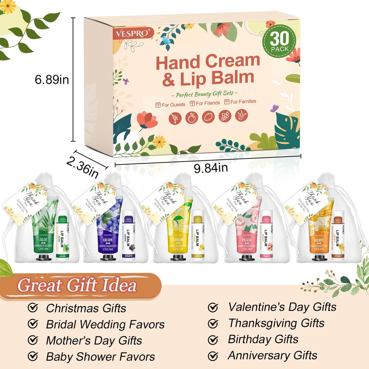 VESPRO 30 Pack Bulk Hand Cream and Bulk Lip Balm Sets, Bridesmaid Gifts, Wedding Favors for Guests with Thank You Card and Organza Bags, Birthday Gift, Teacher Appreciation Gifts and Party Favors