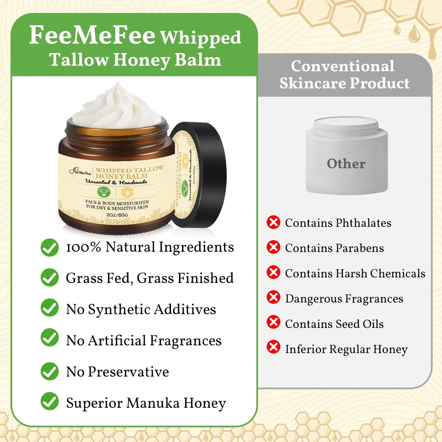 Beef Tallow for Skin, Tallow And Honey Balm, Unscented Tallow Face Moisturizer, Beef Tallow for Face, Organic Grass Fed Beef Tallow Balm, Whipped Beef Tallow Lotion Face Cream