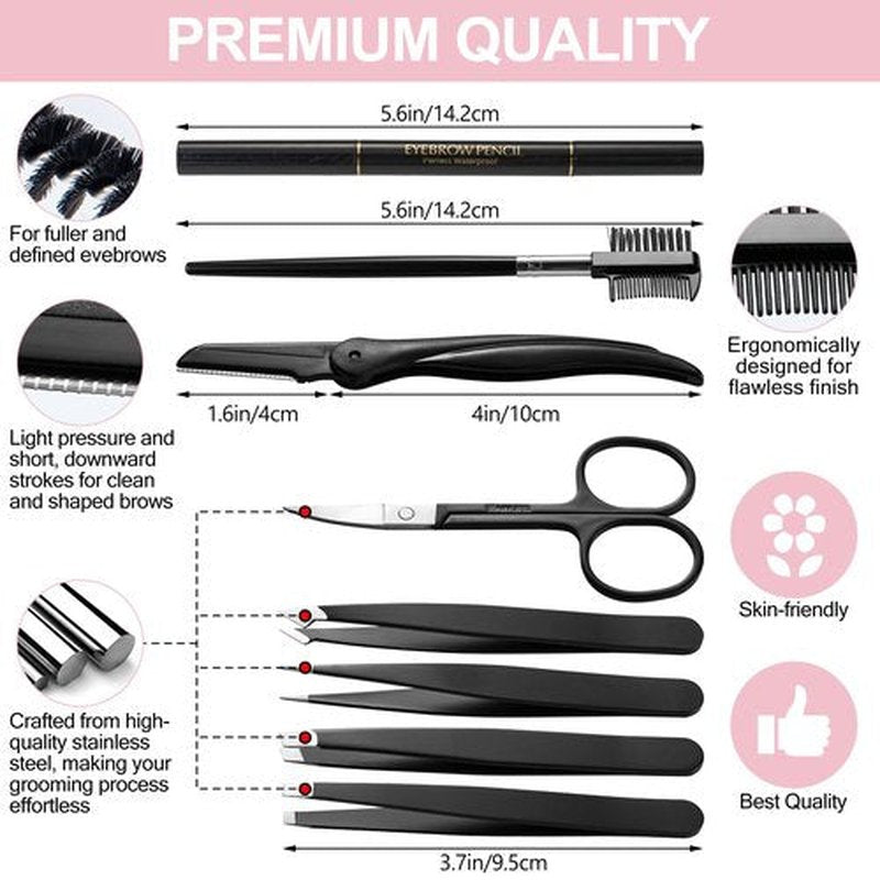 Exquisite Eyebrow Kit - 8 in 1 - Eyebrow Tweezer Kit 4 PCs - Eyebrow Shaping Kit - Multipurpose Eyebrow Grooming kit - Eyebrow Razor, Eyebrow Brush and Comb, Pencil, Eyebrow Scissors in Padded Case