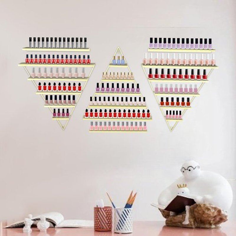 LEYSRIS Wall-Mounted Nail Polish Rack, Set of 6 Triangular Gold Nail Polish Shelf Lipstick Perfume Cosmetic Display Shelf for Home Spa Nail Salon Shop