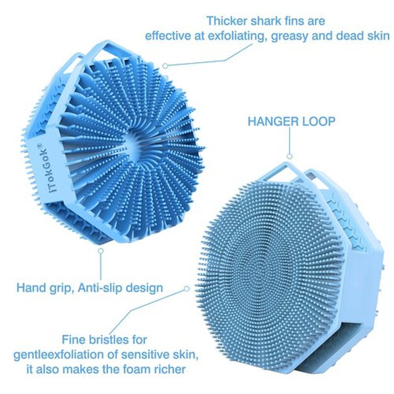 iTokGoK® Silver-Infused 2-in-1 Silicone Body Scrubber, Double-Sided Design Body Brush Silicone Body Scrubber Exfoliating Body Brushes for Sensitive Skin for Showering, Silicone Loofah - Sky Blue