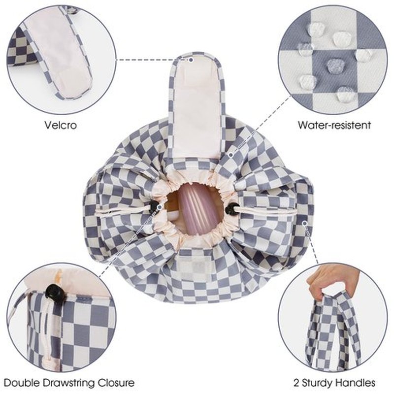 Barrel Drawstring Checkered Makeup Bag Large Cosmetic Bag Make up Bags Toiletry Organizer for Women (Grayish Blue Checkerboard) (Patent)
