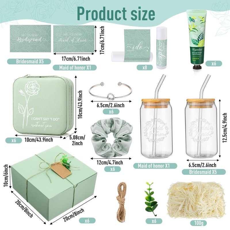 Teenyyou 60 Pcs Bridesmaid Proposal Gifts Bridesmaid Box Set Maid of Honor Gift Wedding Bridal Shower Include Jewelry Box Glass Cup Scrunchies Hair Knotted Bracelets Hand Cream Lip Balm Cards(Green)