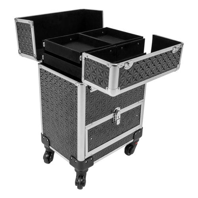 Rolling Makeup Train Case with Drawers&4 Wheel, Professional Aluminum Cosmetic Trolley Cases, Manicure Storage Case, Portable Beauty/Nail Art/Hair Styling Travelling Cart Trunk (Black+Silver)