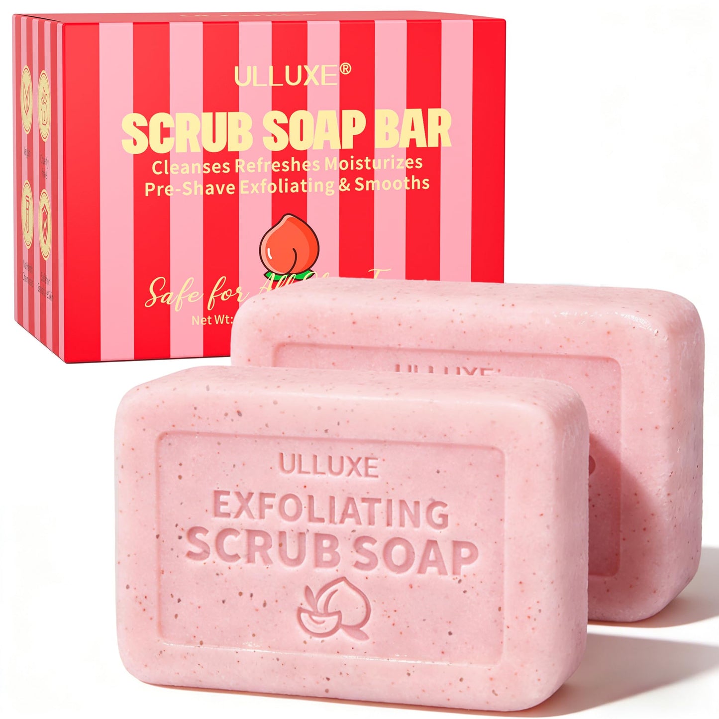 Body Scrub Soap Bar, Peach Exfoliating Bar Soap for Bikini Area Underarm & Bumpy Skin, Pre-Shave Softening Bar Soaps with BHA Salicylic Acid & Moisturizing Shea Butter, All Skin Types, 3.53 oz Each