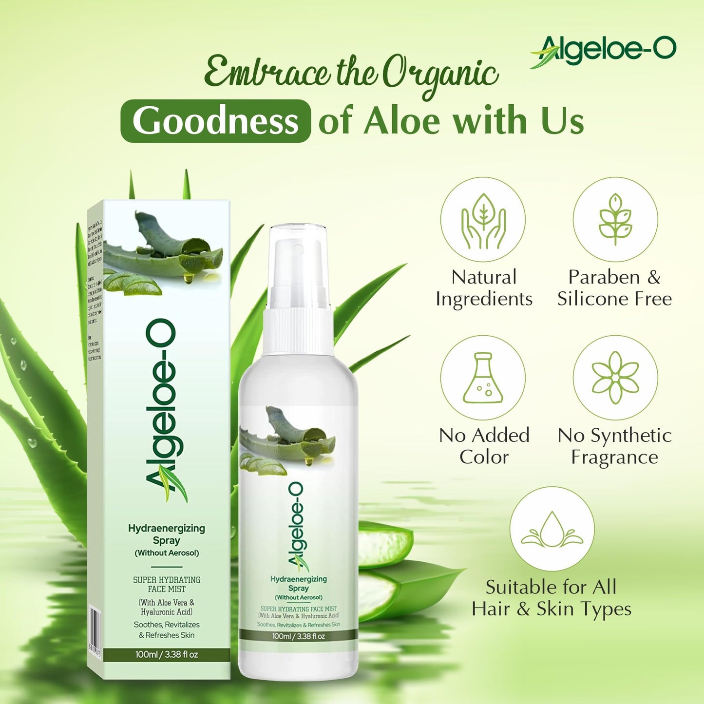 ALGELOE-O Hydraenergizing, Super Hydrating Face Mist Spray with Aloe vera & Hyaluronic acid for Instant Skin Moisturization, Revitalizes & Refreshes Normal Oily Dry & Sensitive skin- 100 ml