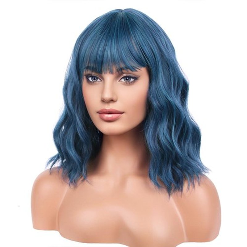 BERON Blue Wig Short Curly Wig for Women Mix Blue Wigs with Bangs Synthetic Wig Dark Blue Wigs with Wig Cap