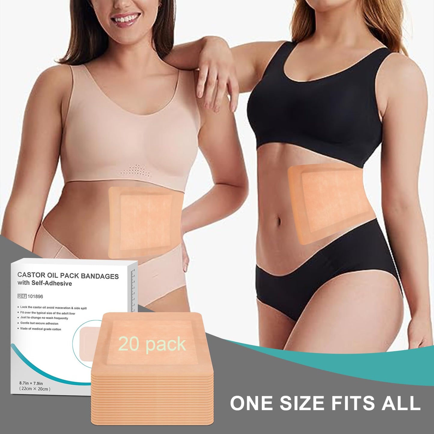 20Pcs Castor Oil Pack Wrap for Liver, Stomach, Belly Button | 8.7"*7.9" Organic Cotton Pads | Highly Absorbent Self-Adhesive Disposable Patches | No Wash, 100% Leak-Free(Oil Not Included) US Patented