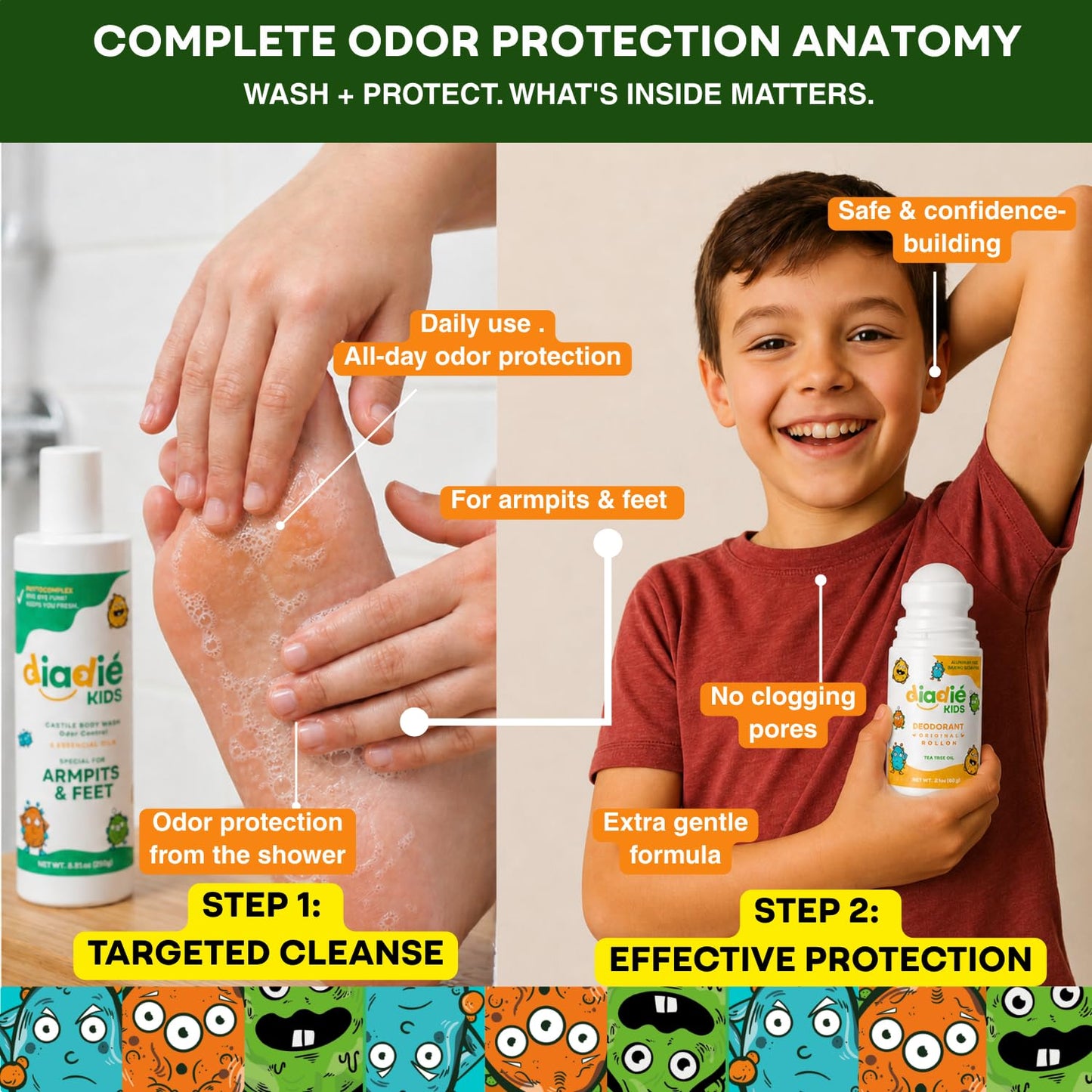 Diadié Kids Natural Mix pack Natural deodorant rollon and a Castile Liquid Body Odor Soap/Wash, For Armpits, feets, body odor protection, 5 Essential Oils, 2 Pack