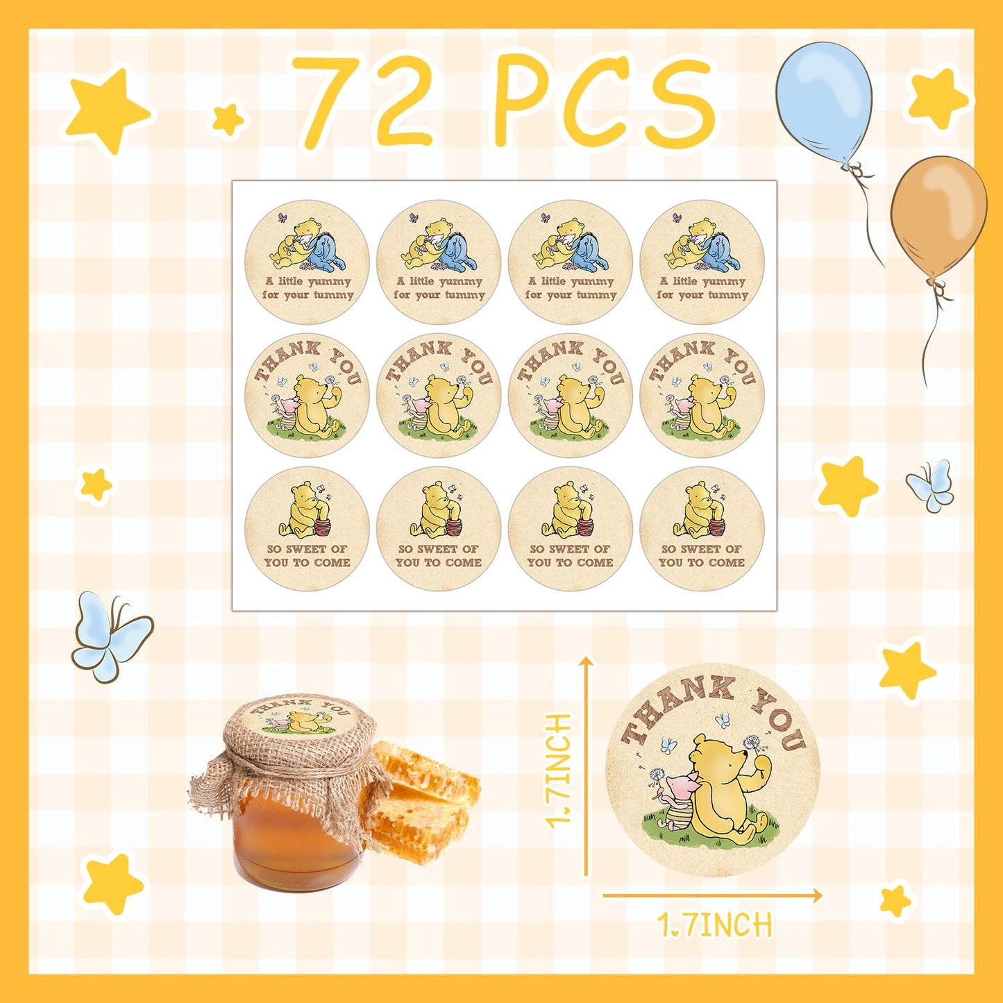 72 Pcs Winnie Stickers, Winnie Baby Shower, Pooh Stickers Gifts Set, Winnie Birthday Decorations, A Little Yummy for Your Tummy Stickers, Winnie Baby Shower Birthday Party Decorations