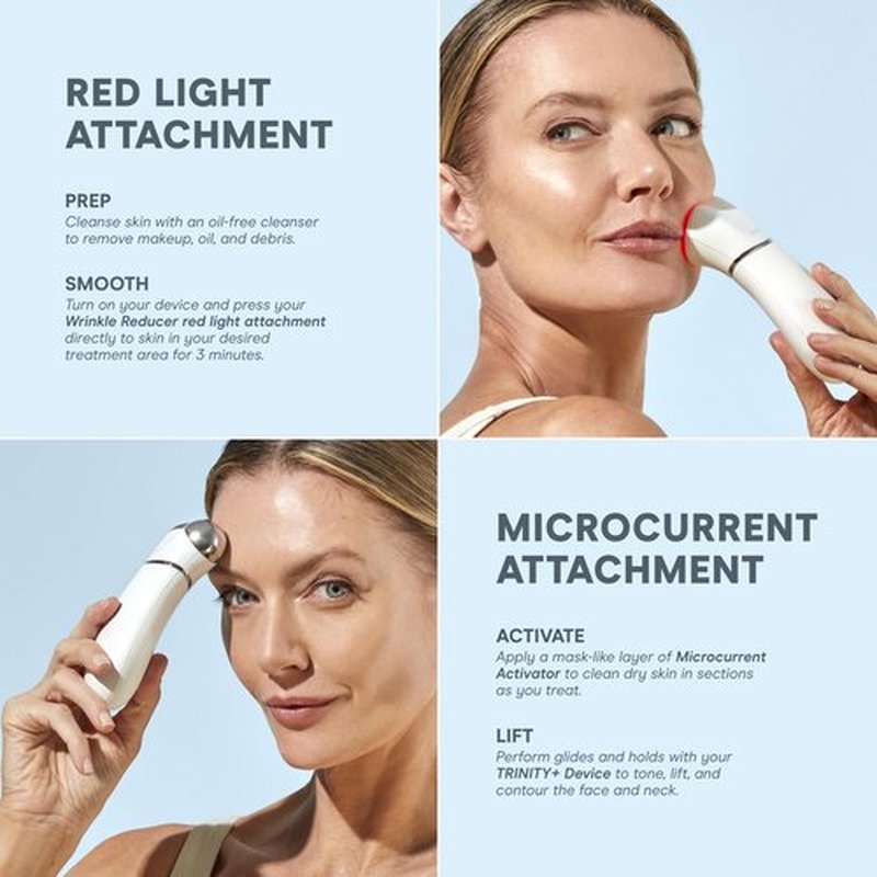NuFACE TRINITY+ LED Red Light Therapy + Microcurrent Facial Device for Fine Lines and Deep Wrinkles - Amber, Red & Infrared Light Skin Tightening Device with Gel Activator, Silk Crème & Brush
