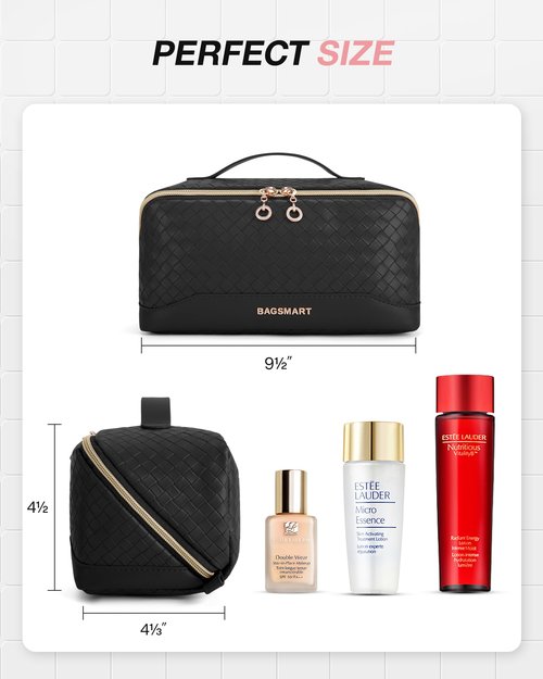 BAGSMART Makeup Bag Cosmetic Bag, Travel Makeup Bag, PU leather Makeup Bags for Women Portable Water-resistent Pouch Open Flat Make Up Organizer Bag for Toiletries, Brushes, Leather Black