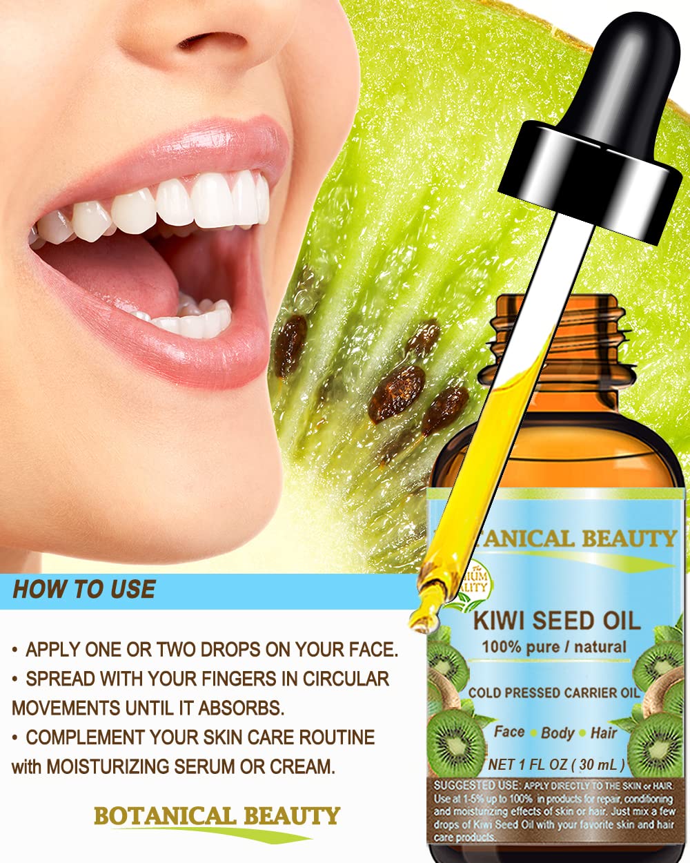 Botanical Beauty KIWI SEED OIL. 100% Pure Natural Undiluted Virgin Cold Pressed Carrier Oil for Face, Skin, Body, Hair, Nail Care (1 Fl Oz)