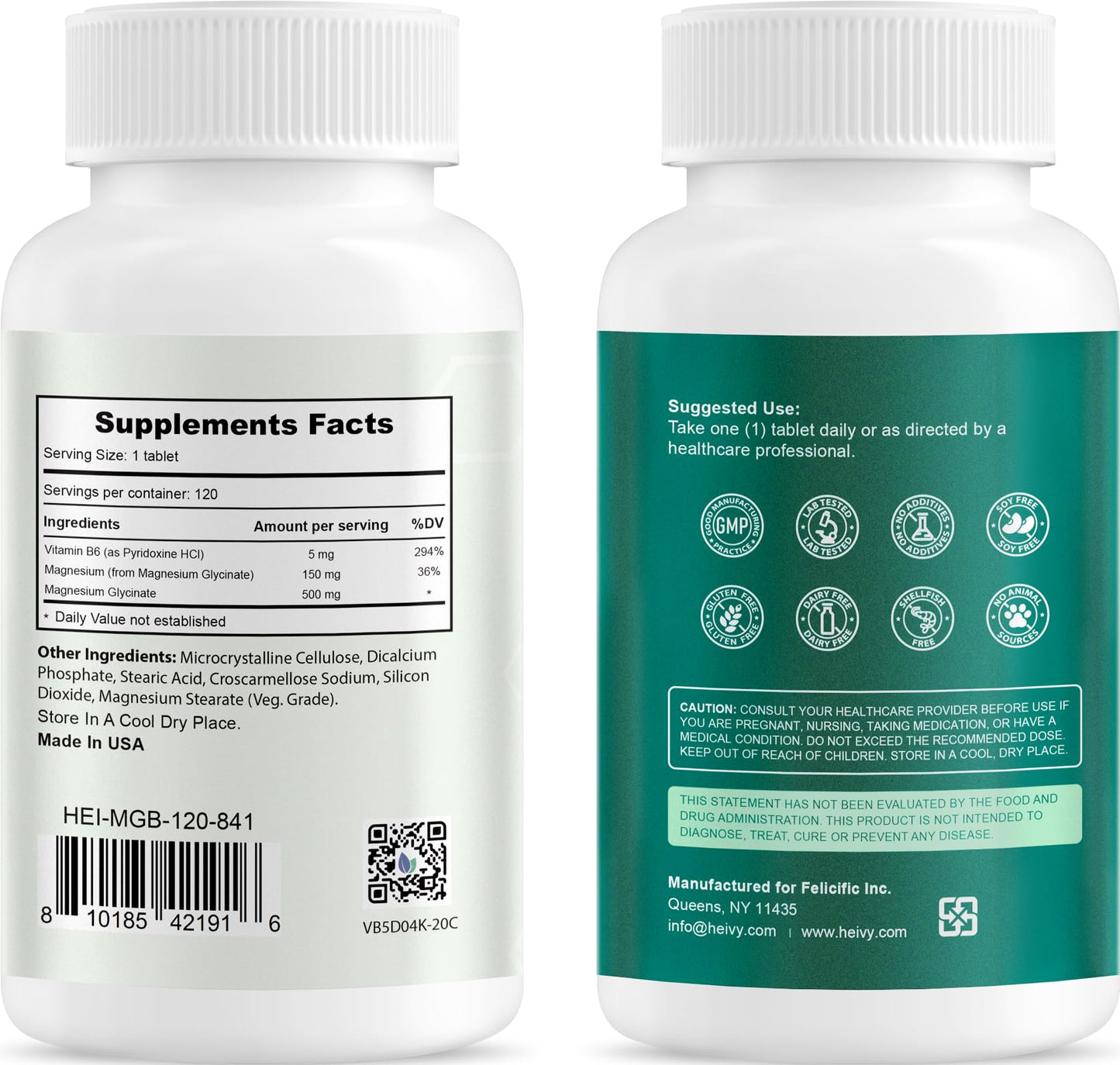 Heivy Magnesium Glycinate 500mg with Vitamin B6, 100% Chelated & Purified Supports Nerve Relief, Sleep Aid & Muscle Support, Vegan & Non-GMO, Made in USA, 3rd Party Tested, 120 Tablets