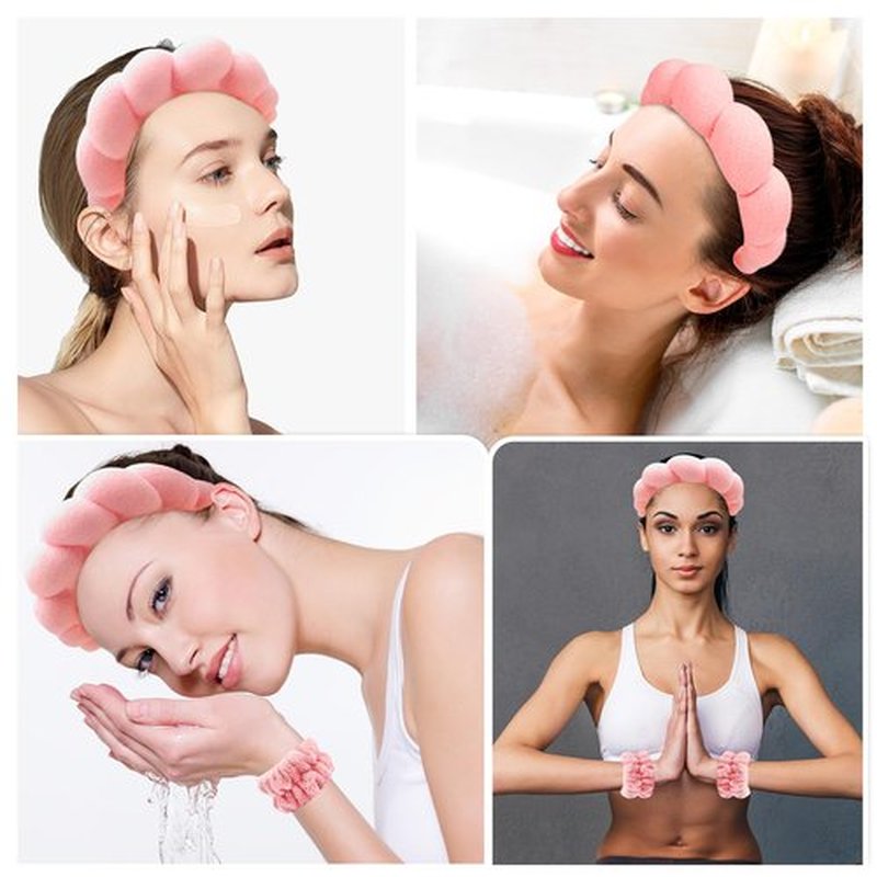 Zkptops Spa Headband for Washing Face Wristband Set Sponge Makeup Skincare Terry Cloth Bubble Soft Get Ready Hairband for Women Girl Puffy Padded Headwear Non Slip Thick Hair Accessory(Coral Pink)
