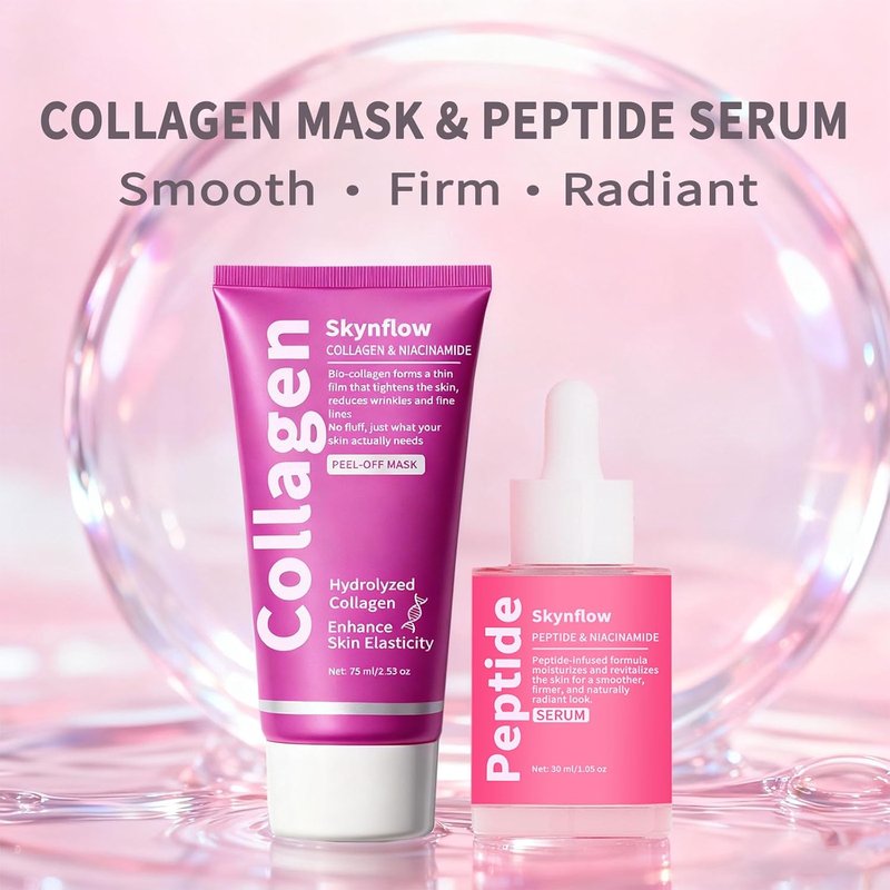 Collagen Face Mask & Peptides Serum - Overnight Peel Off Mask with Hydrolyzed Collagen & Niacinamide for Elasticity & Hydration Care | Set