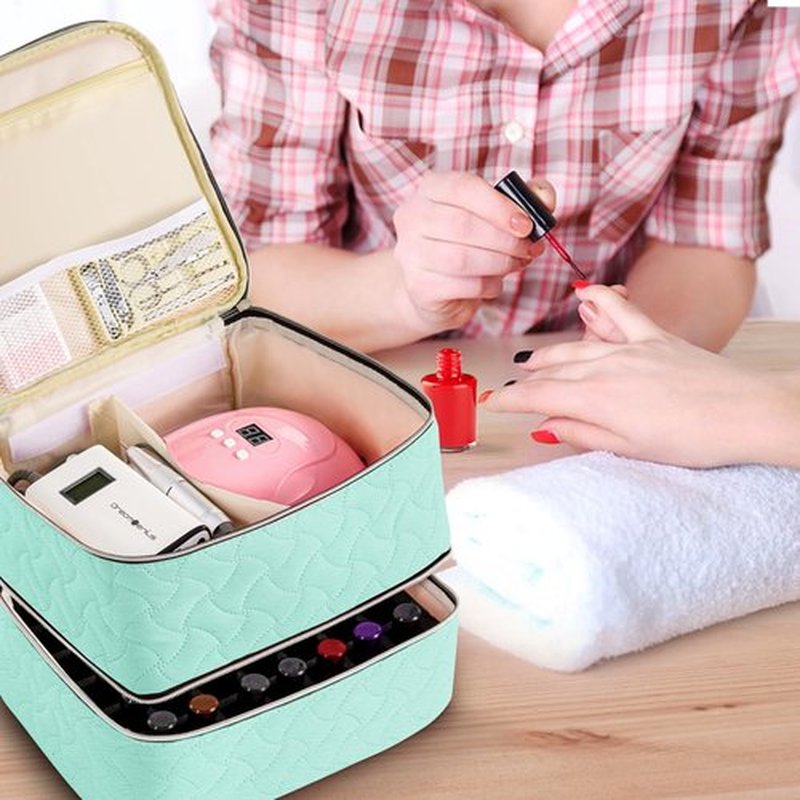 Nail Polish Organizer Case Holds 42 Bottles (15ml/0.5 fl.oz), Double-Layer Nail Polish Storage with Adjustable Dividers, Portable Nail Polish Bag for Nail Gel Nail Lamp and Manicure Tools, Green