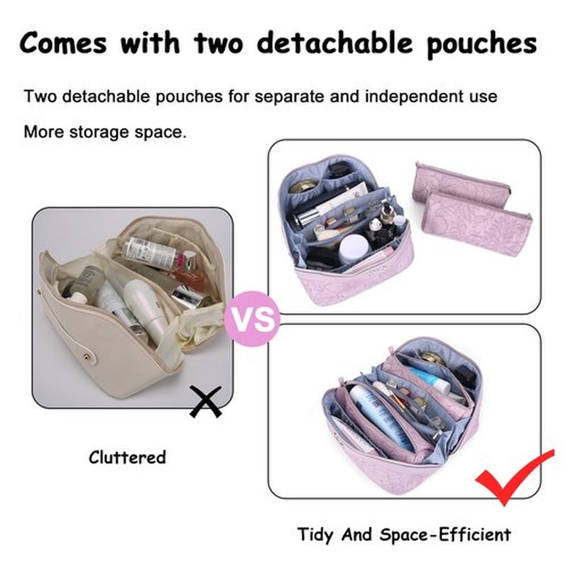 Travel Makeup Bags Cosmetic Organizer Bag: 3-Set Large Capacity Make up Bag - PU Leather Toiletry Bag for Women - Wide Open Portable Pouch with Divider & Handle (01-Z-Light Purple)